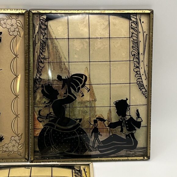 Set Of 3 Vintage Reverse Painted Convex Bubble Glass Silhouette Children Playing - Picture 3 of 5